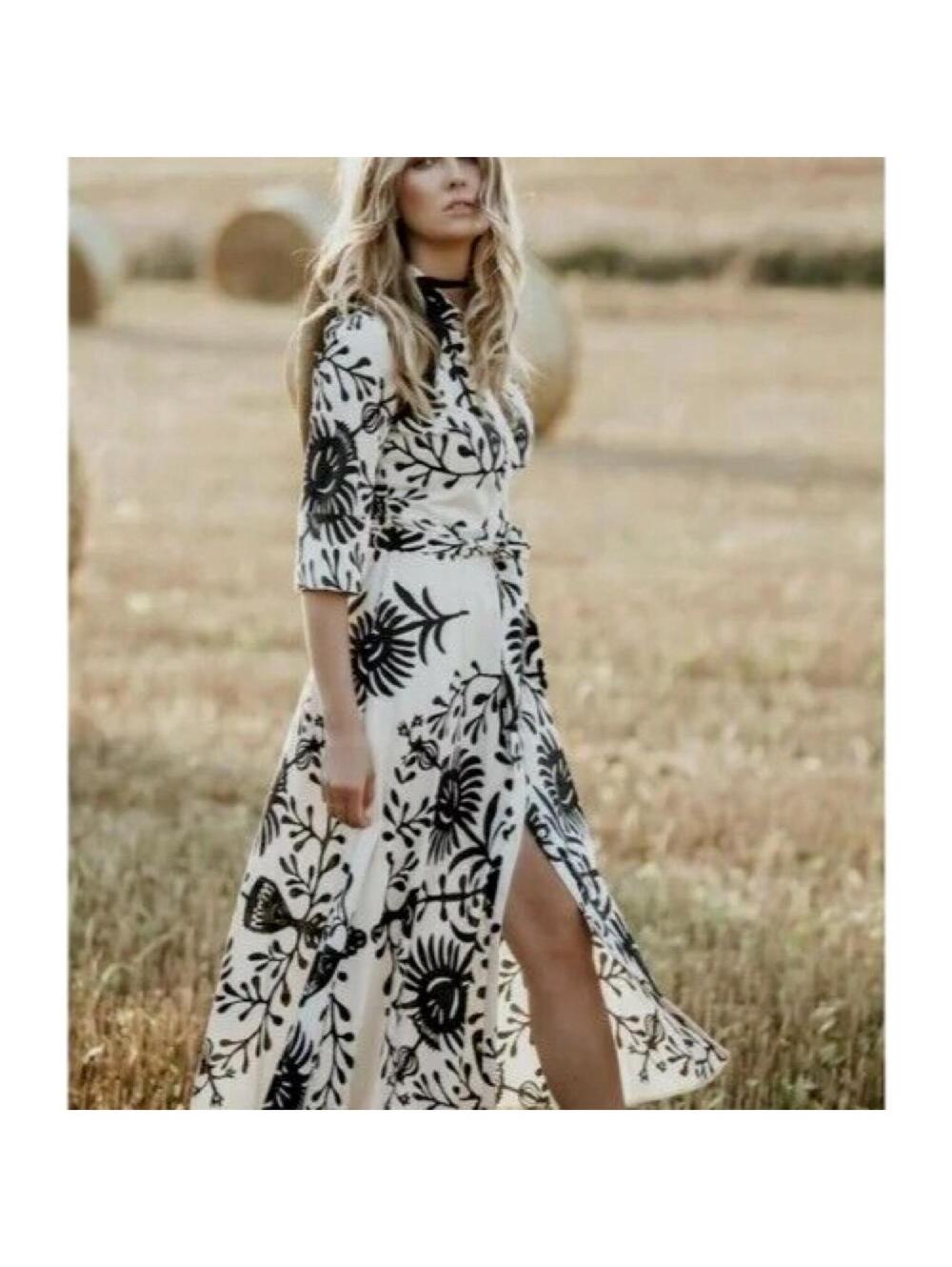 ZARA BLACK OYSTER WHITE MIDI MAXI LONG SLEEVE SHIRT DRESS SIZE XL